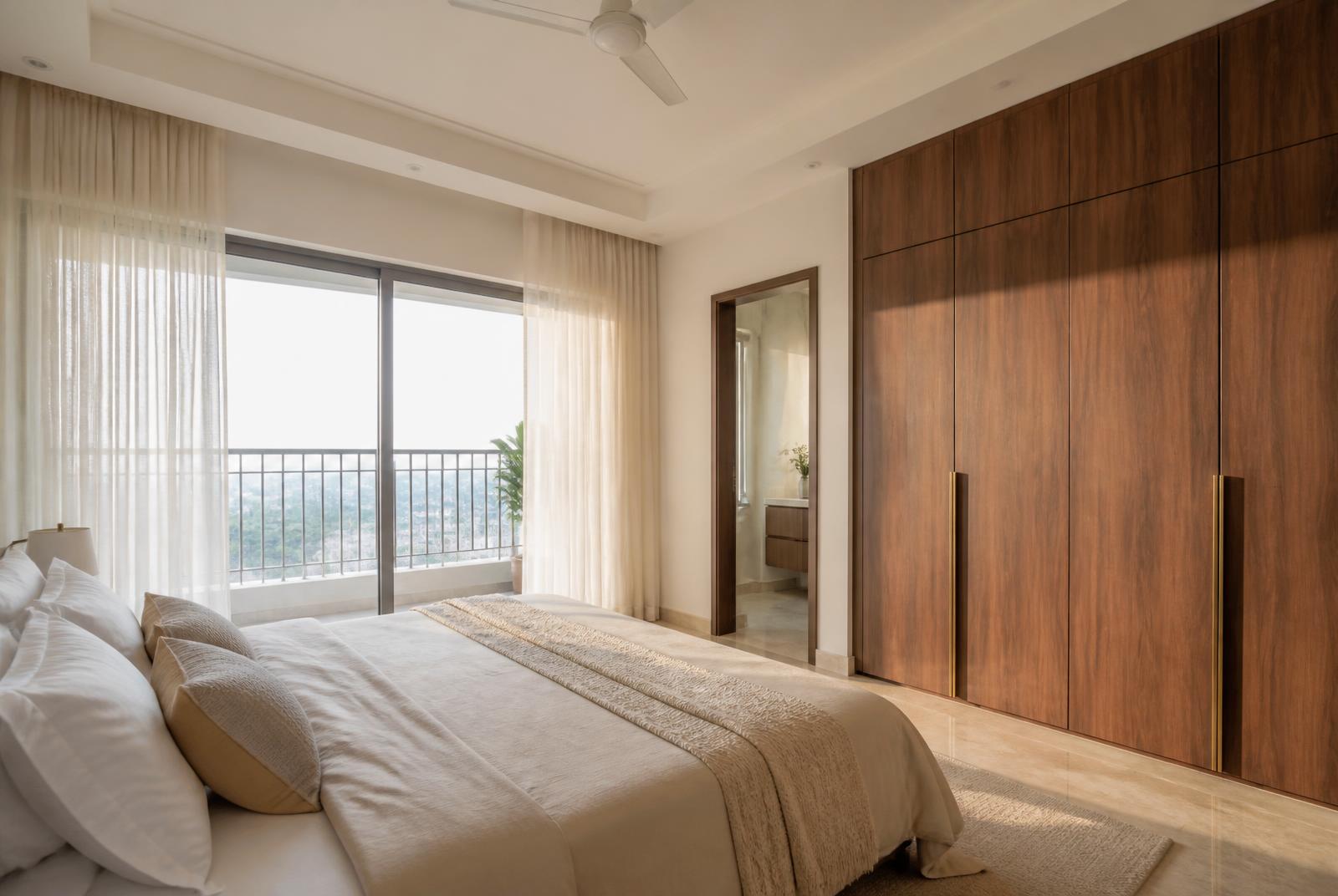 Furnished bedroom with wardrobe and balcony access