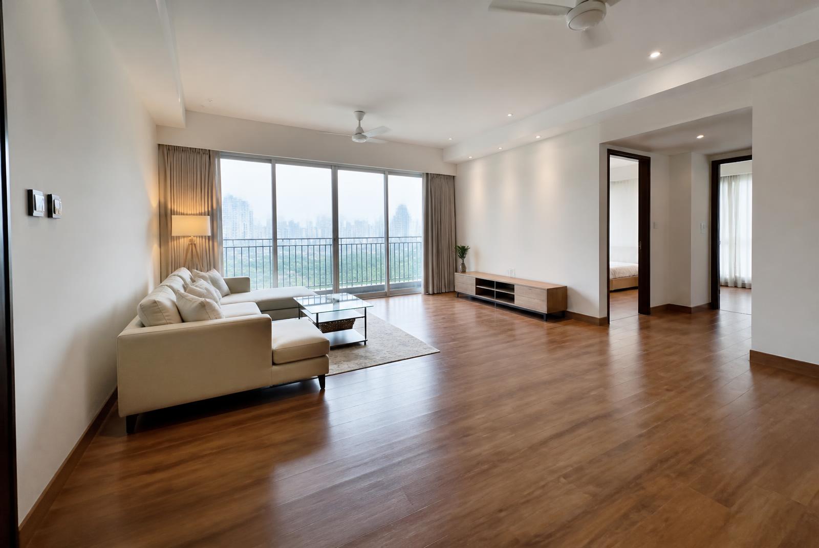 Semi-furnished living room in a high-rise apartment